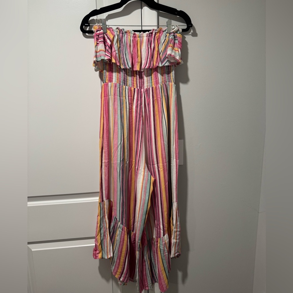 Lush Pink and Yellow Striped Ruffle Jumpsuit